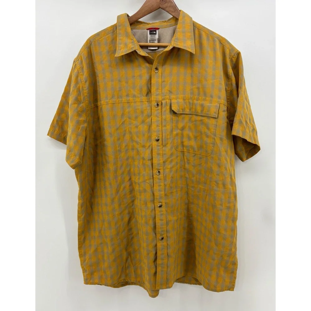 The North Face Short Sleeve Button Down Shirt Men's XXL Gold Plaid Hiking